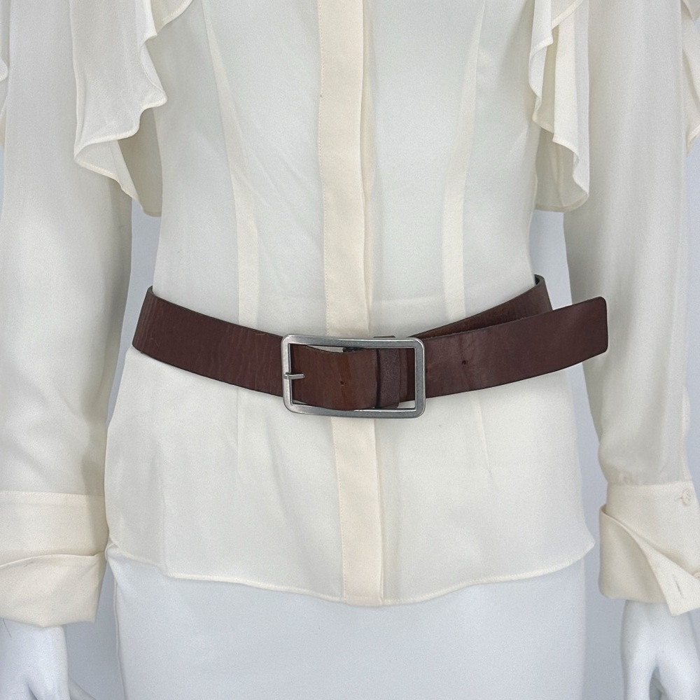 Banana Republic (XS/S) Genuine Brown Leather Belt, Curved Cut, Silver Hardware